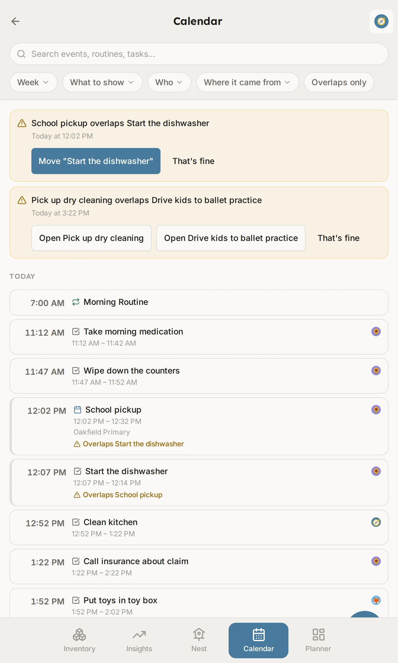 The calendar page: an agenda of events, routines and tasks under day headings, with an overlap flagged at the top