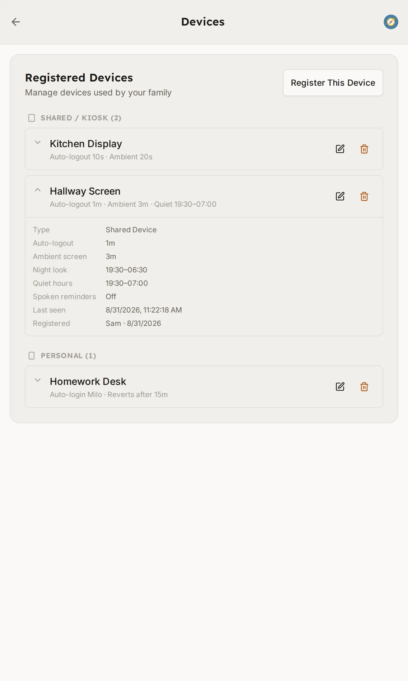 The FocalNest device settings page listing a kitchen display, a hallway screen, and a personal homework desk device, each with its own settings