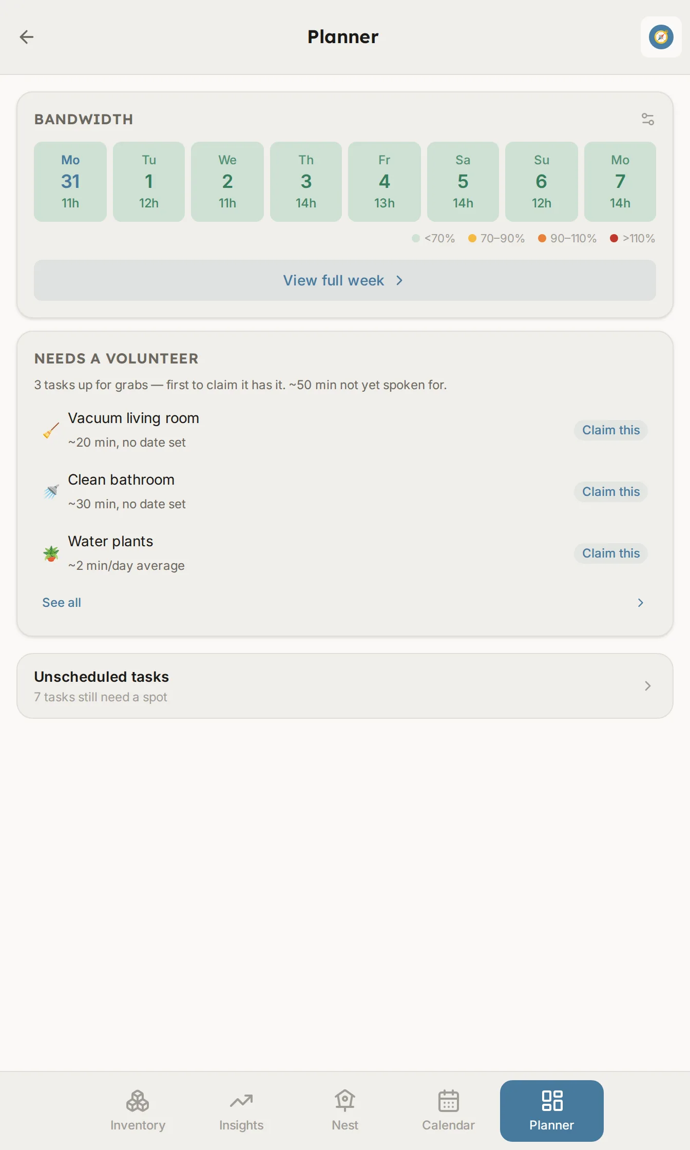 The weekly planner showing each day's bandwidth, shared tasks waiting for a volunteer, and what still needs a spot
