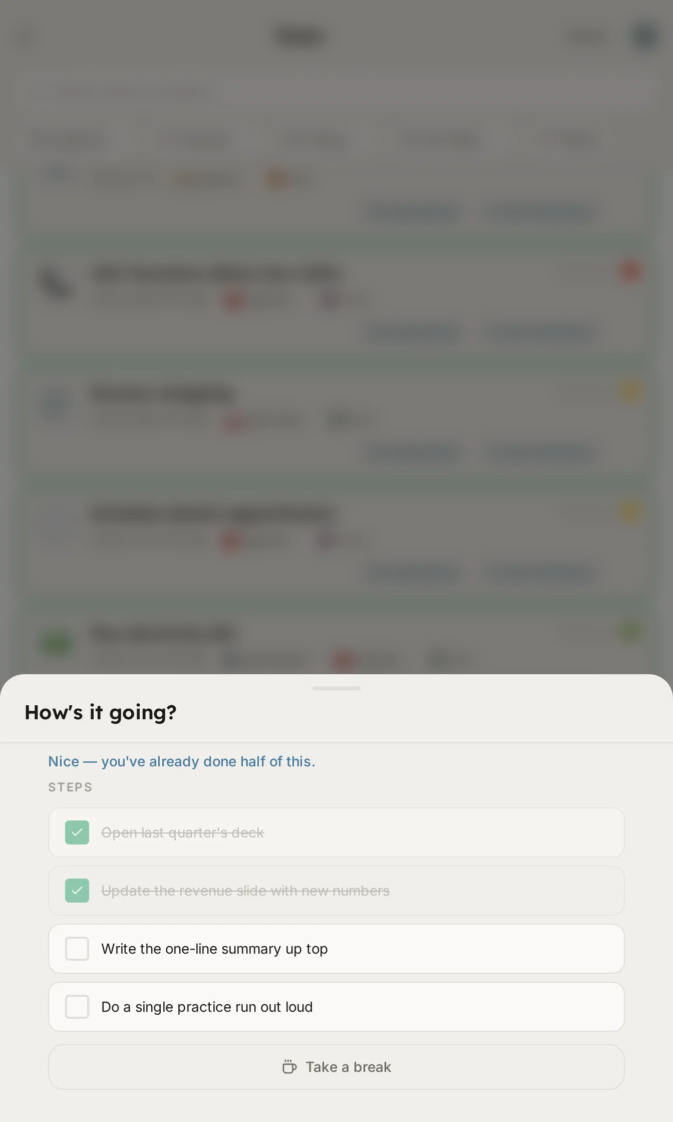 A How's it going progress sheet with two of four steps checked off and the message Nice, you've already done half of this