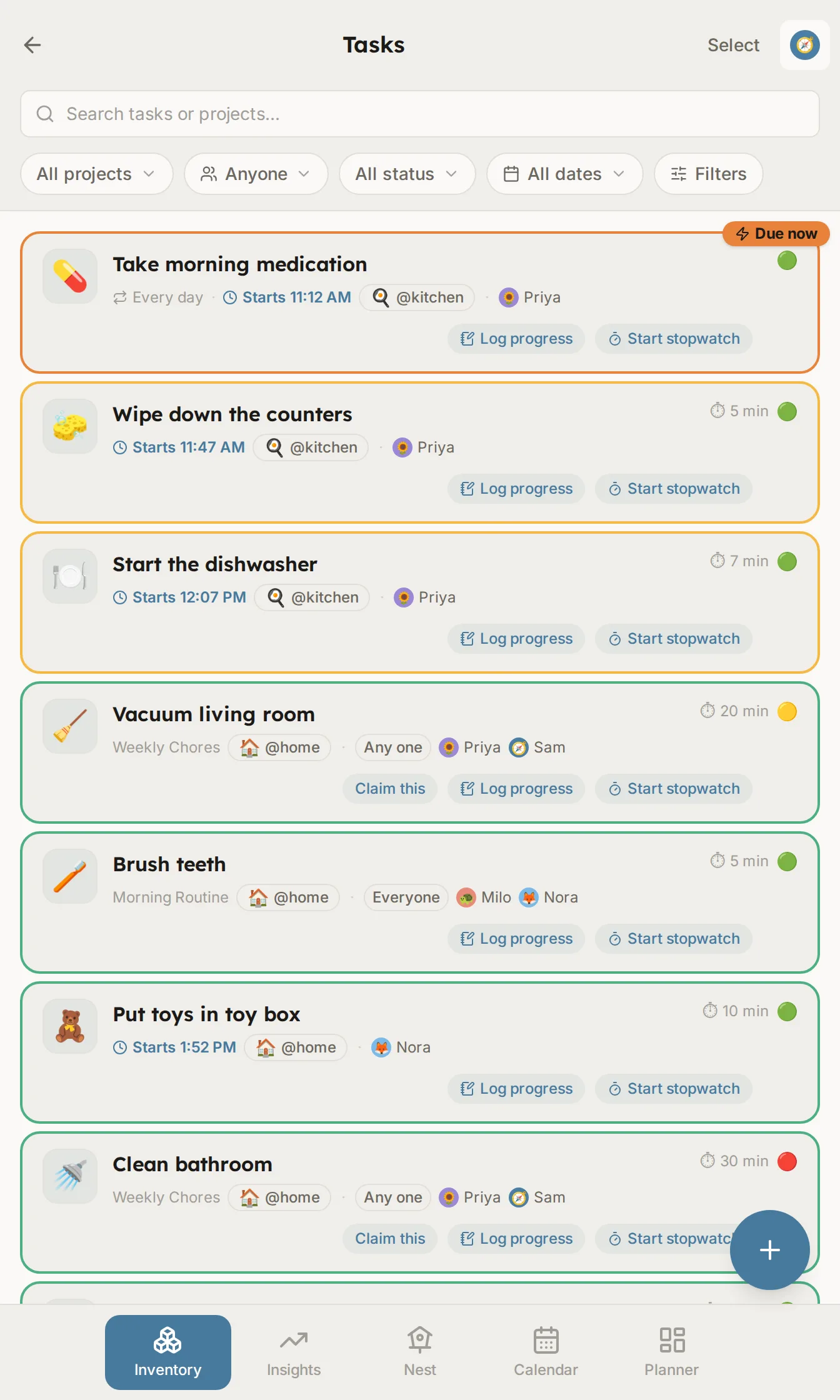 A family task list showing each task's duration, energy level, context tag, and which members it belongs to