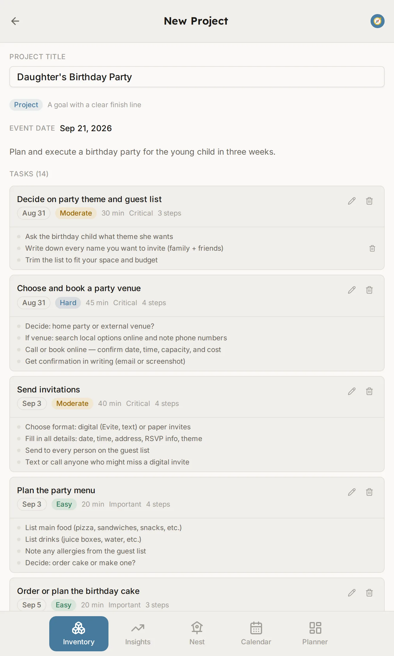 The AI wizard's generated draft for a daughter's birthday party, with 15 tasks and their steps, durations, and priority